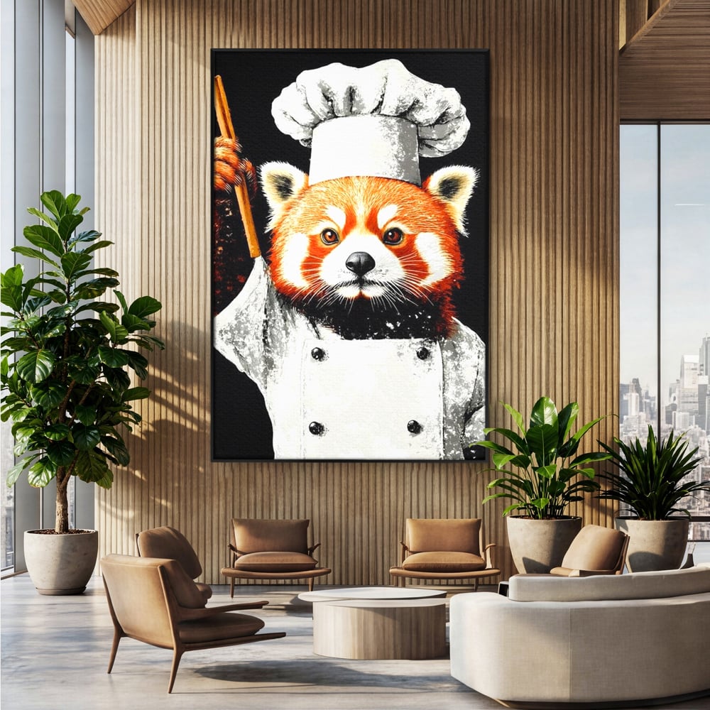 Tablou canvas cu tablou canvas cu panda rosu bucatar, in rama de aluminiu negru, pe perete intr-un birou